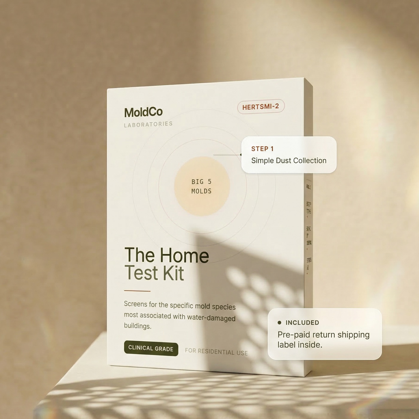The MoldCo Home Test Kit box, a HERTSMI-2 dust test for 5 water damage molds